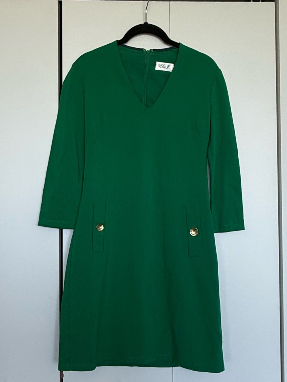 Eliza J green shift dress with gold buttons
